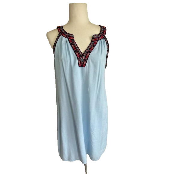 THML Blue Embroidered Trim Aztec Sleeveless Shift Dress Size Large Boho Flowy - Picture 1 of 10